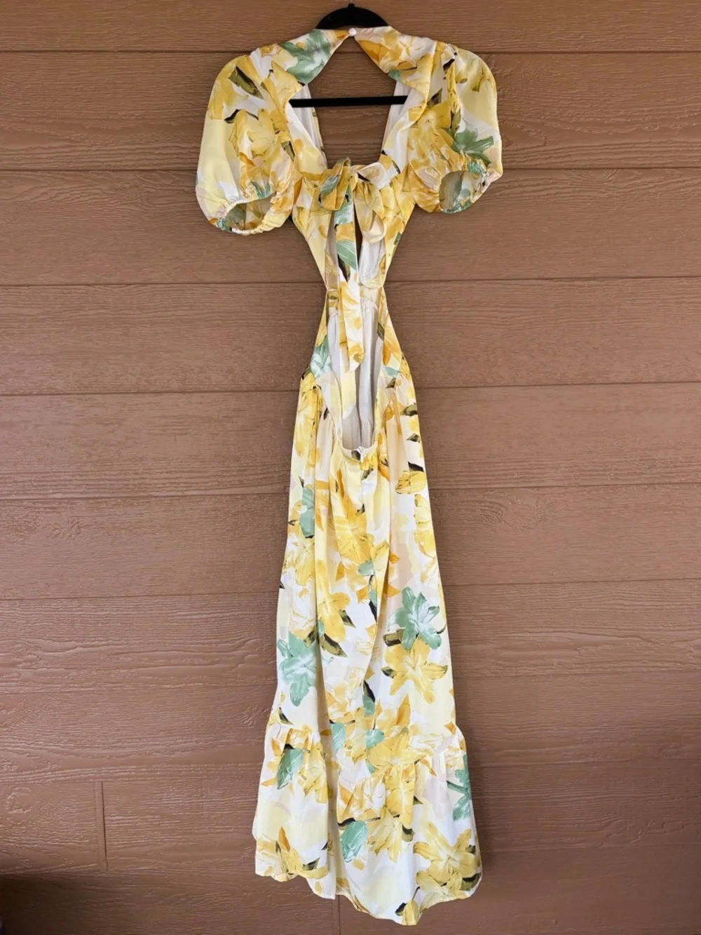 Hello Molly Yellow Floral Cutout Midi Dress with Puff Sleeves -Sz S - Picture 5 of 9